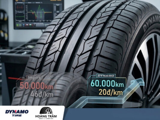Hình ảnh thực tế xe Sedan chạy dịch vụ (Toyota Vios) đang được đội ngũ kỹ thuật tại Hoàng Trầm Tires thay trọn bộ lốp Dynamo mới, minh chứng cho sự lựa chọn kinh tế hàng đầu sau khi so sánh giá lốp Dynamo.